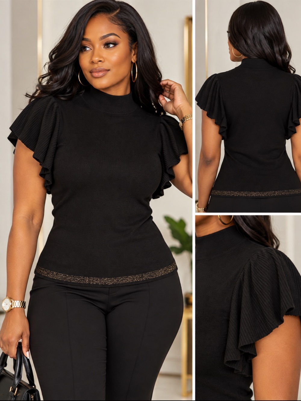 Nine West Black Flutter-Sleeve Knit Top with Metallic Trim🖤